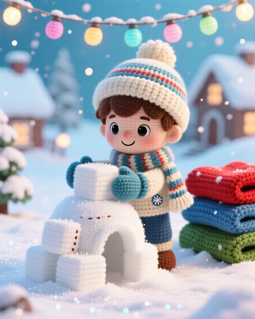 a small boy building a snow fort, with mittened hands packing snow, adding the final block to a small fort, set in a snow-covered village square strung with lights, with a stack of warm blankets, full of bright cheerful energy of a special day.