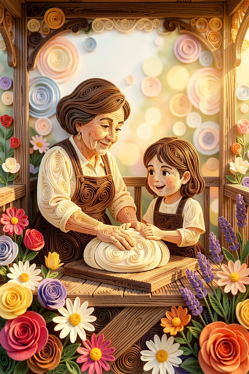A heartwarming moment of a grandmother teaching her granddaughter to bake bread on a warm sunlit porch surrounded by blooming flowers, with soft shadows adding quiet intimacy, framed with soft bokeh in the background.