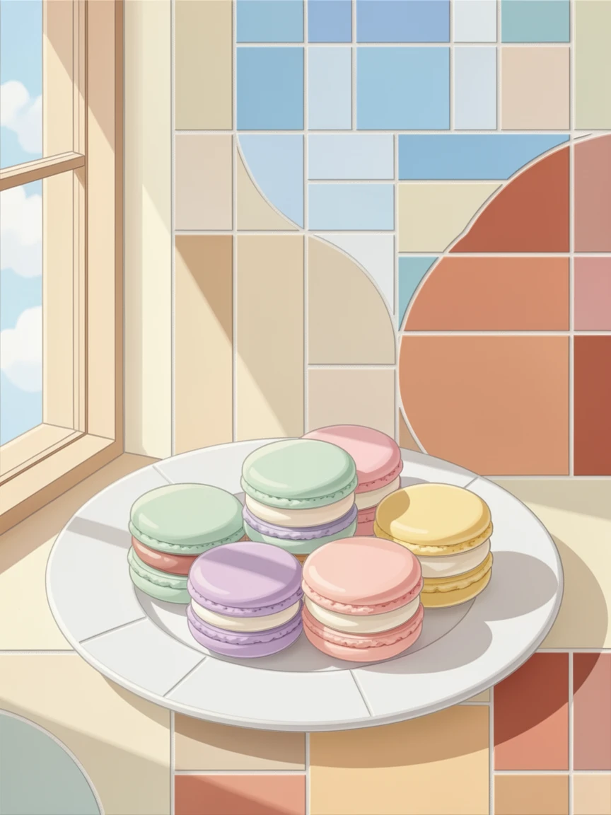 A plate of delicate french macarons in pastel colors, styled beautifully with warm natural window light.