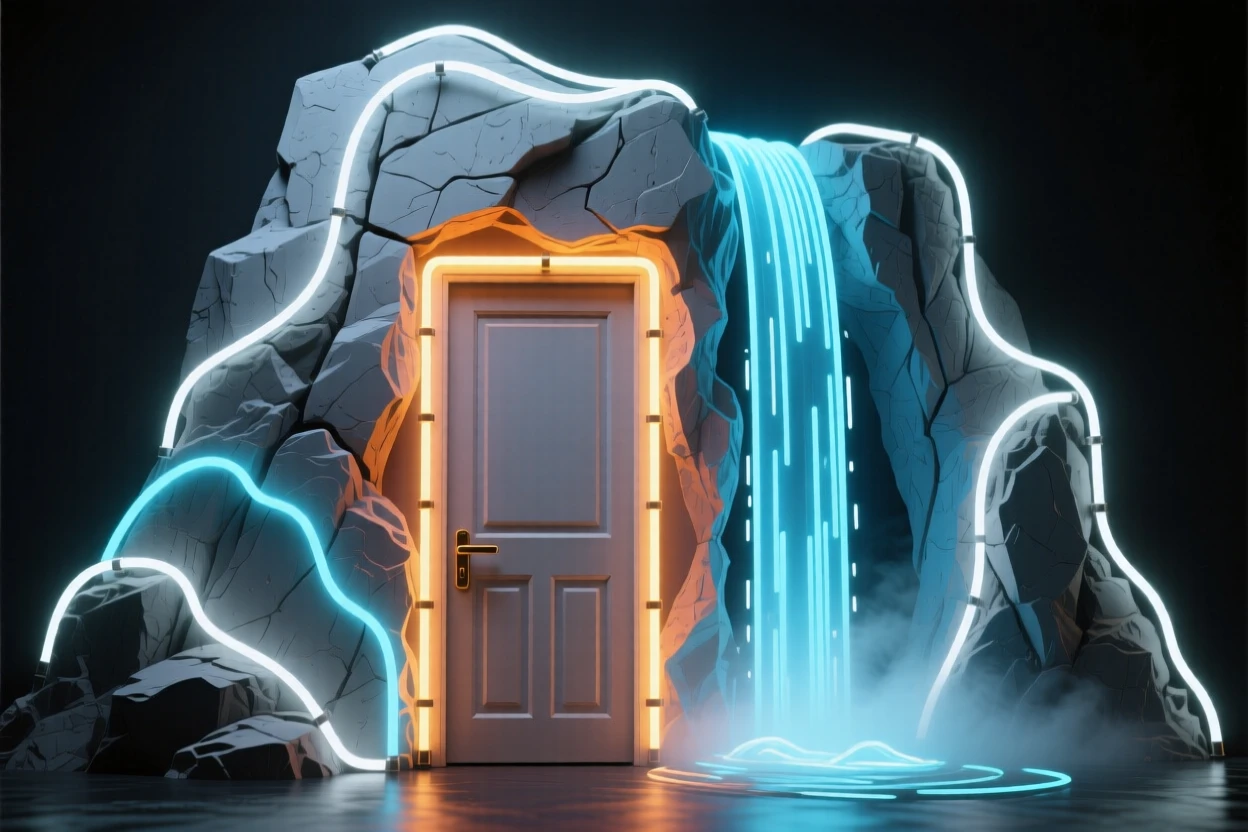 A door carved into a cliff face leading to a hidden waterfall grotto.