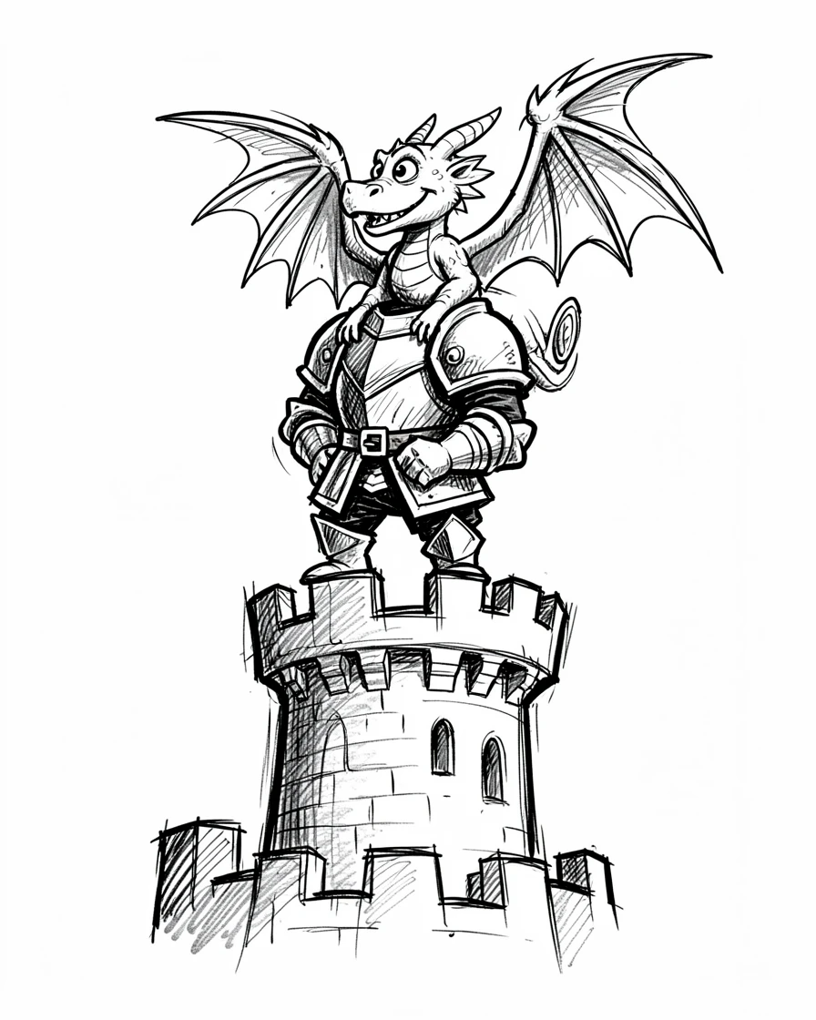 A tiny dragon riding on a knight's shoulder atop a castle's highest tower.