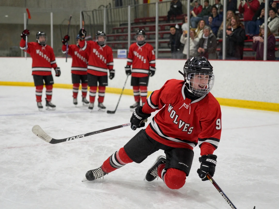 A youth hockey player celebrates a goal by sliding across the ice on his knees.