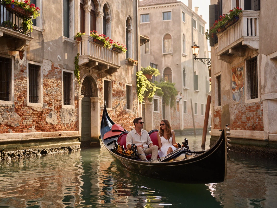 A traditional gondola drifting past centuries-old palazzos along a quiet canal
