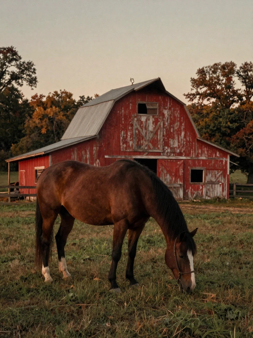 A horse grazing peacefully beside an old red barn, in the last light of dusk, in still, windless air, as summer fades into fall, with stark black-and-white contrast softened by a single warm hue, over the shoulder of the main subject.