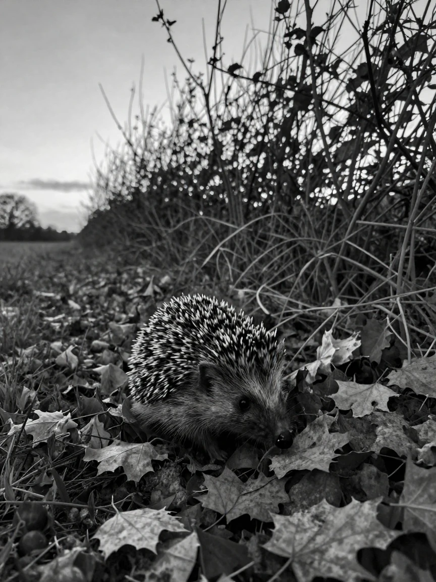 A hedgehog forages through fallen leaves along a hedgerow at twilight.