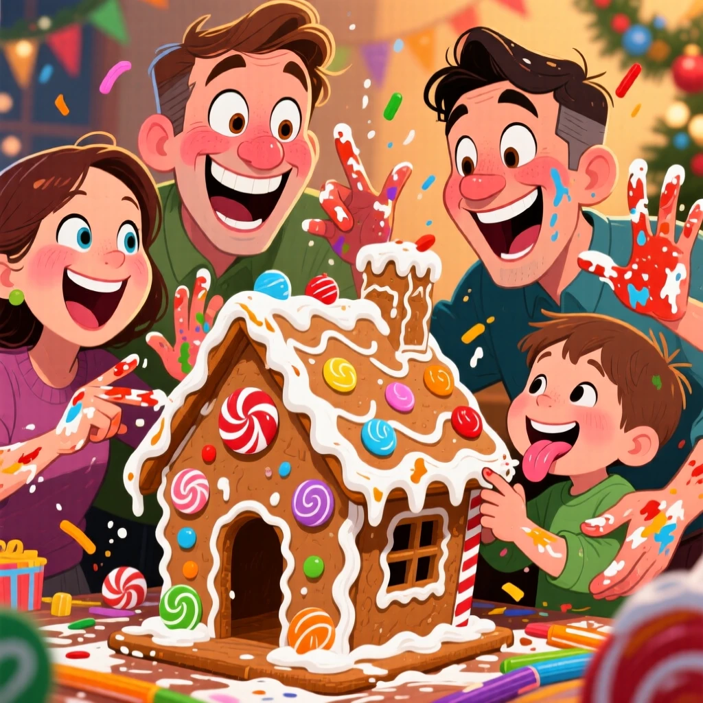 A family building a gingerbread house together, frosting smudged on everyone's fingers.