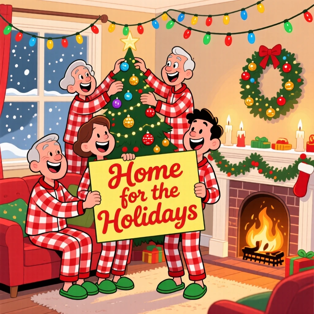 A heartwarming scene of a group of lifelong friends decorating the house together for the holidays, with warm smiles and matching pajamas.