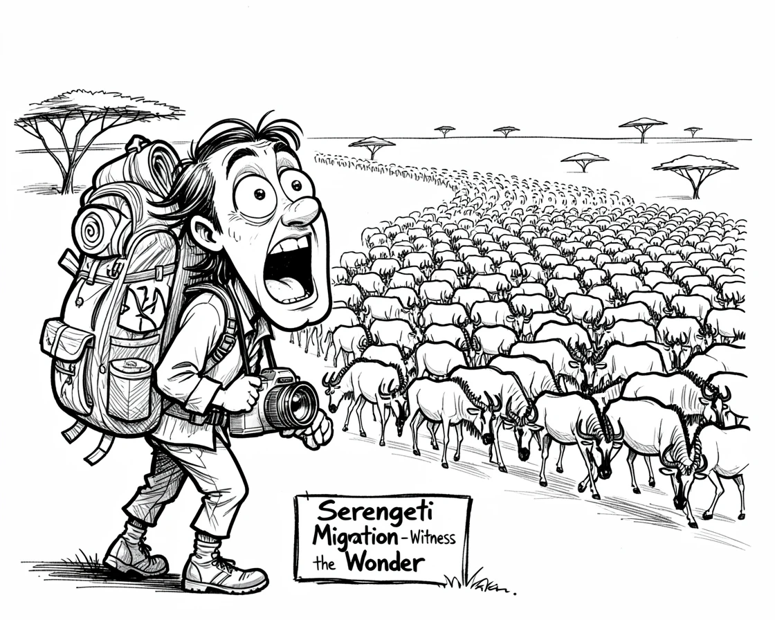 [Travel & Cultural Experiences] Vivid travel scene of a backpacker watching wildebeest migrate across the Serengeti, full of wonder and adventure