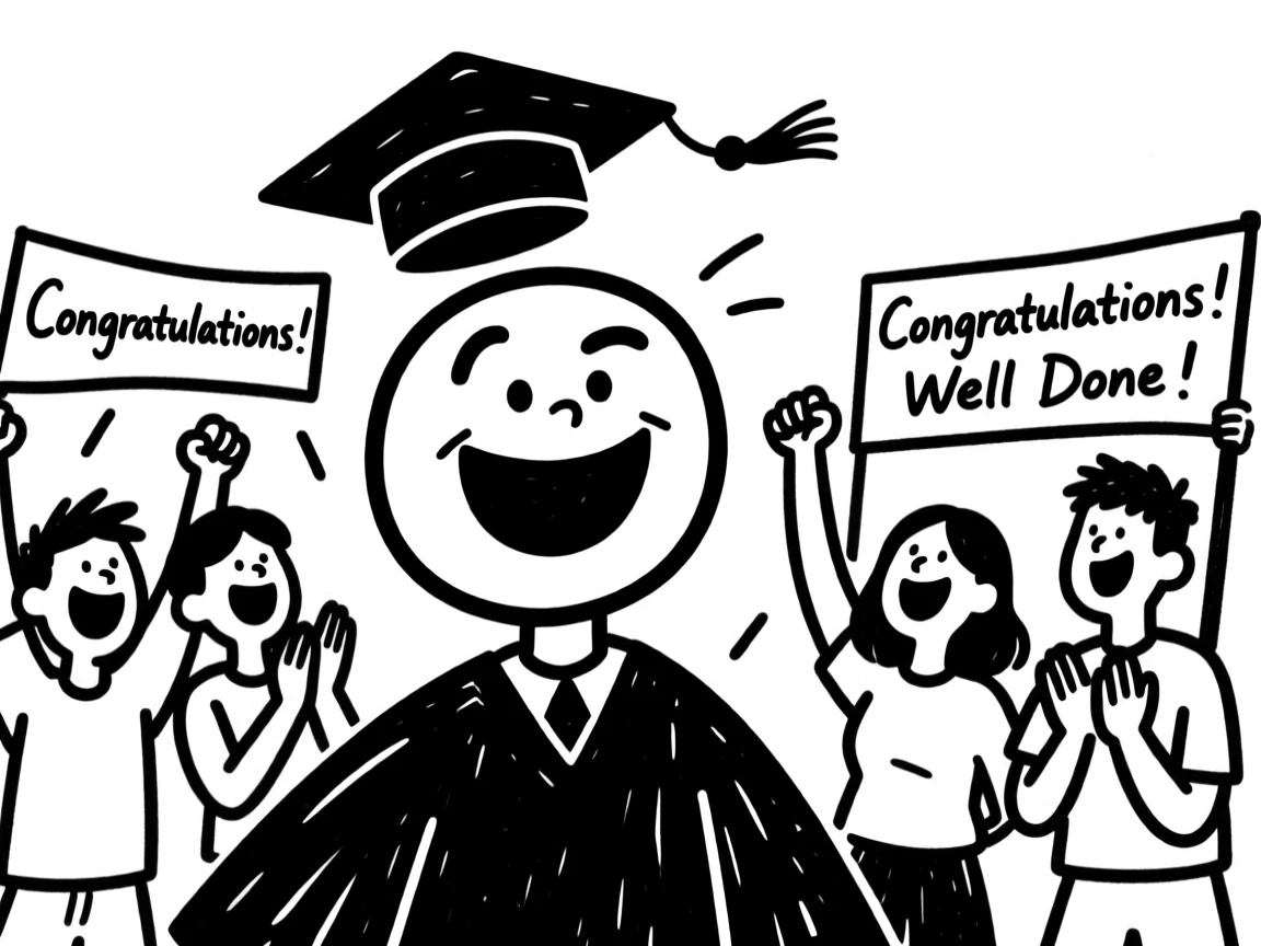 A graduation celebration with a cap tossed high into the air amid cheering friends.