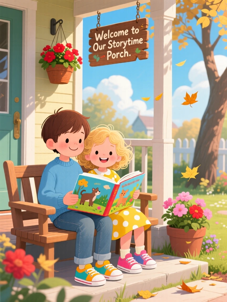 An older sibling and a younger one share a tender moment reading together on a park bench in a cozy front porch, while a soft breeze carries away any worry.