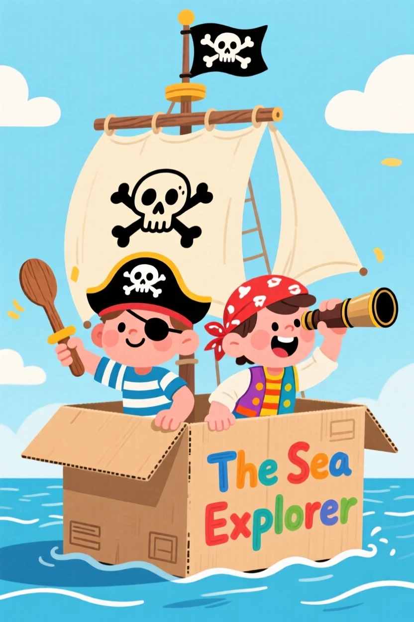 A cardboard box transformed into a pirate ship by two imaginative kids.