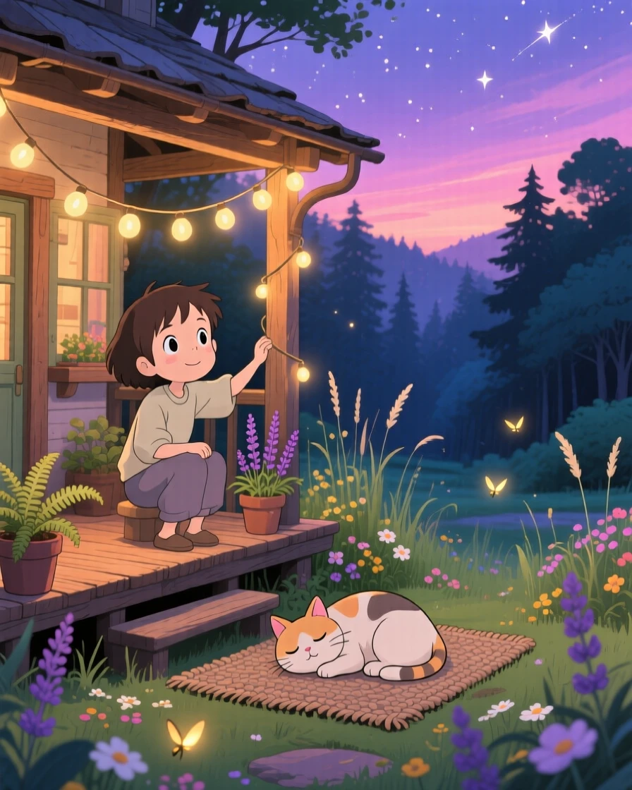 Someone hanging string lights across a cozy porch, a cat curled up nearby, half asleep, the whole scene feeling peaceful and unhurried.
