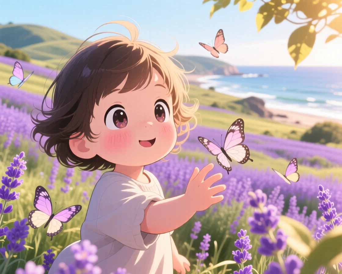 In a rolling purple flower field, a small child is chasing butterflies through a field of lavender on a breezy coastal afternoon, bathed in warm morning light filtering through leaves, expression full of gentle surprise. Shot as a close-up portrait.