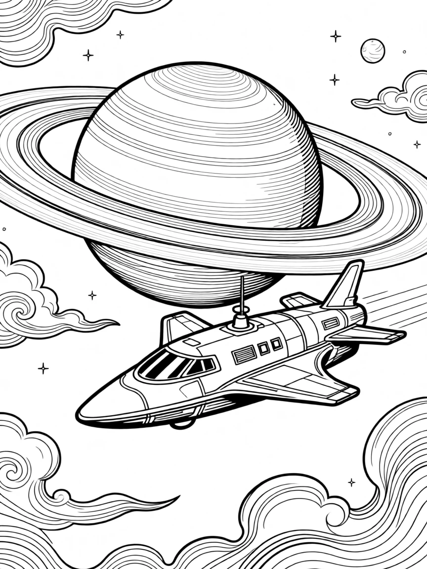 A spaceship gliding past the rings of a distant planet, with swirling clouds of cosmic dust in the background.