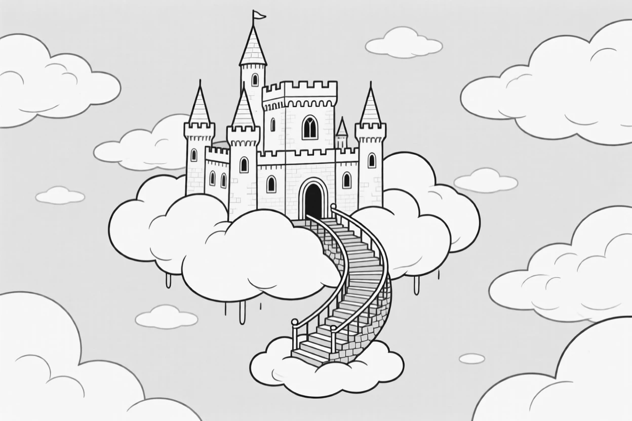 A castle floating among clouds connected by a spiral staircase