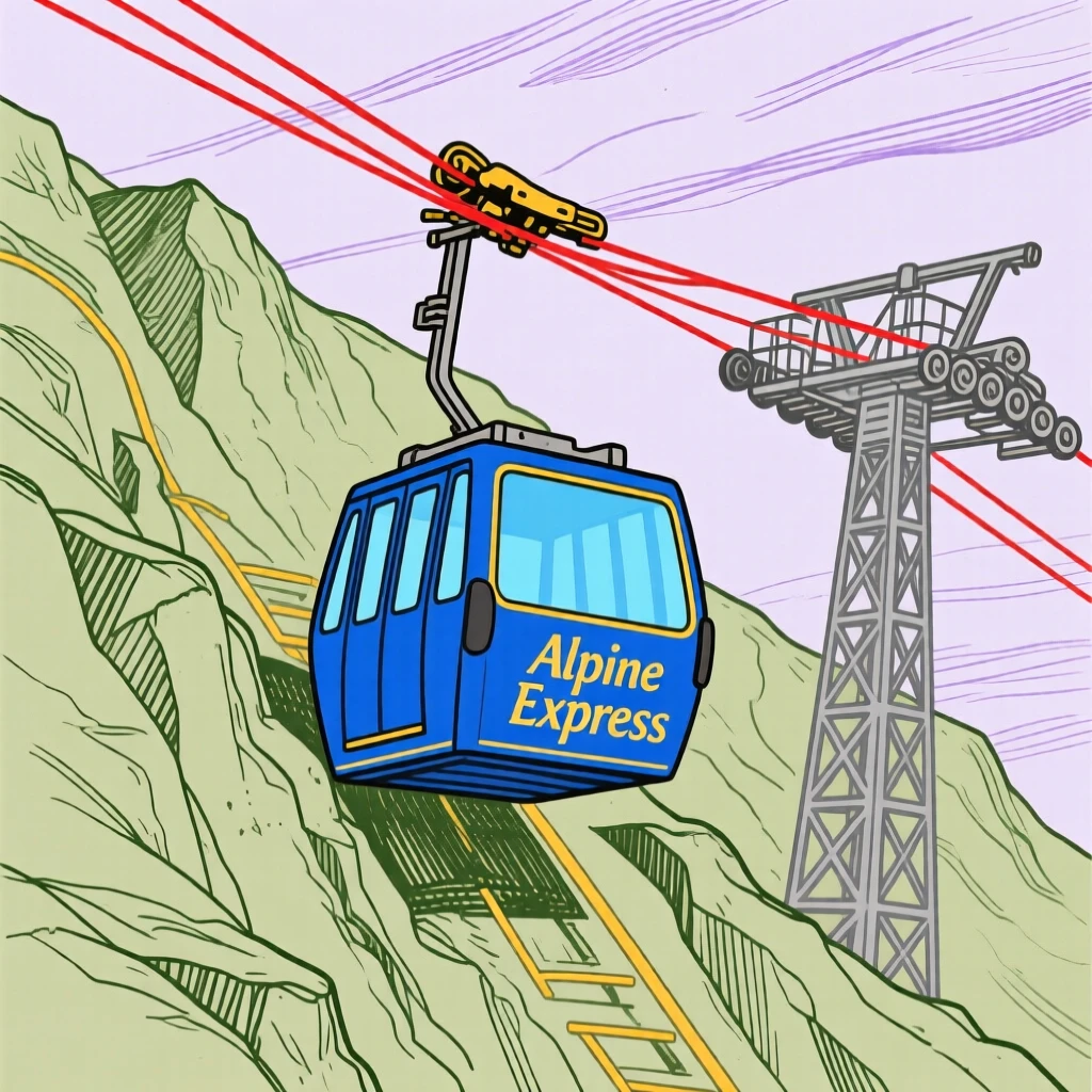 A cable car climbing a steep mountain slope.