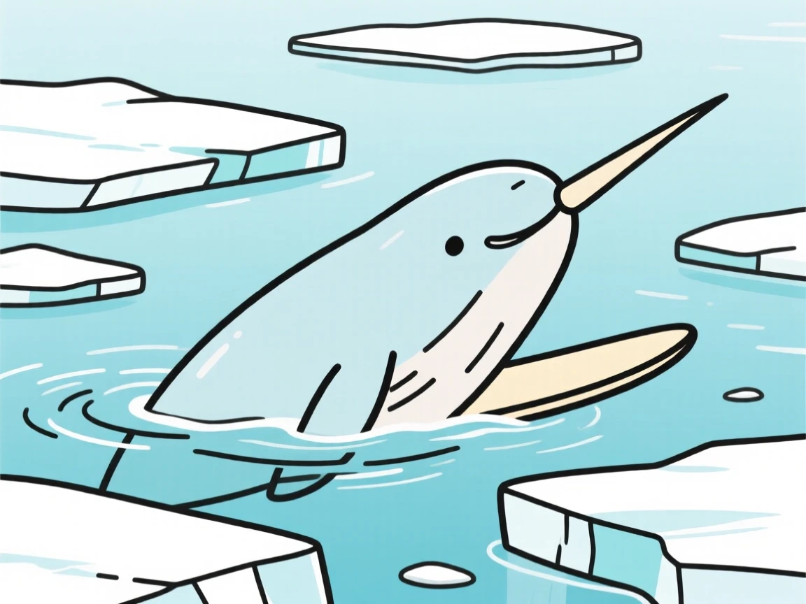 A narwhal surfacing among floating chunks of Arctic ice.