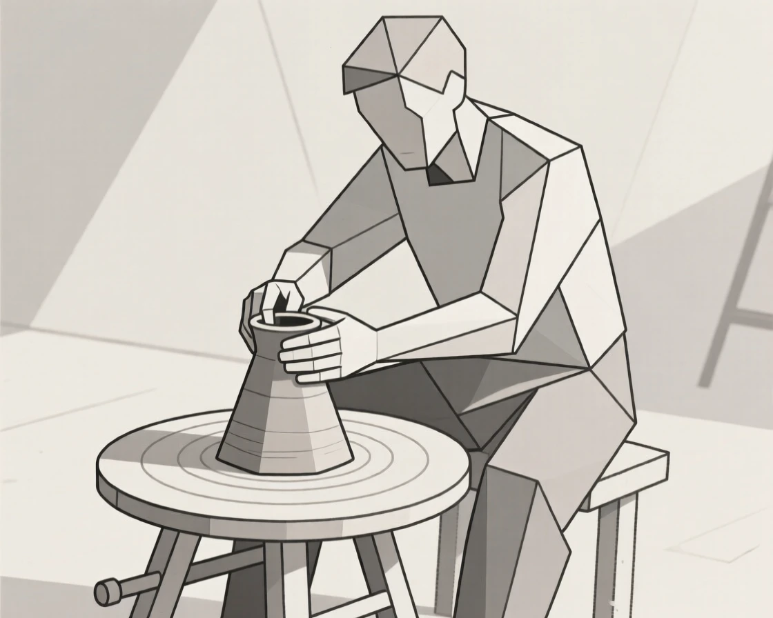 A potter shaping clay on a spinning wheel