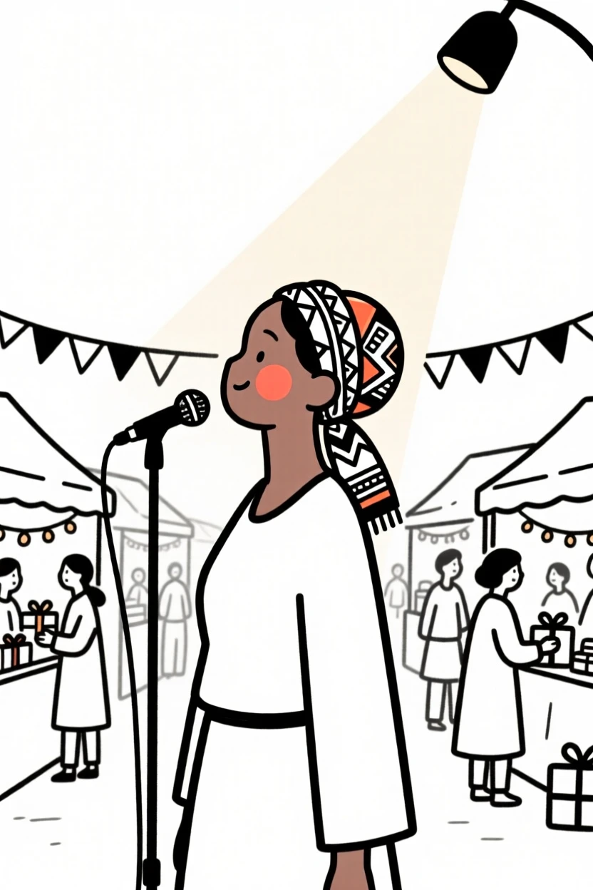 A jazz of nigerian heritage singer under a spotlight, looking hopeful toward the horizon, at a bustling holiday market.