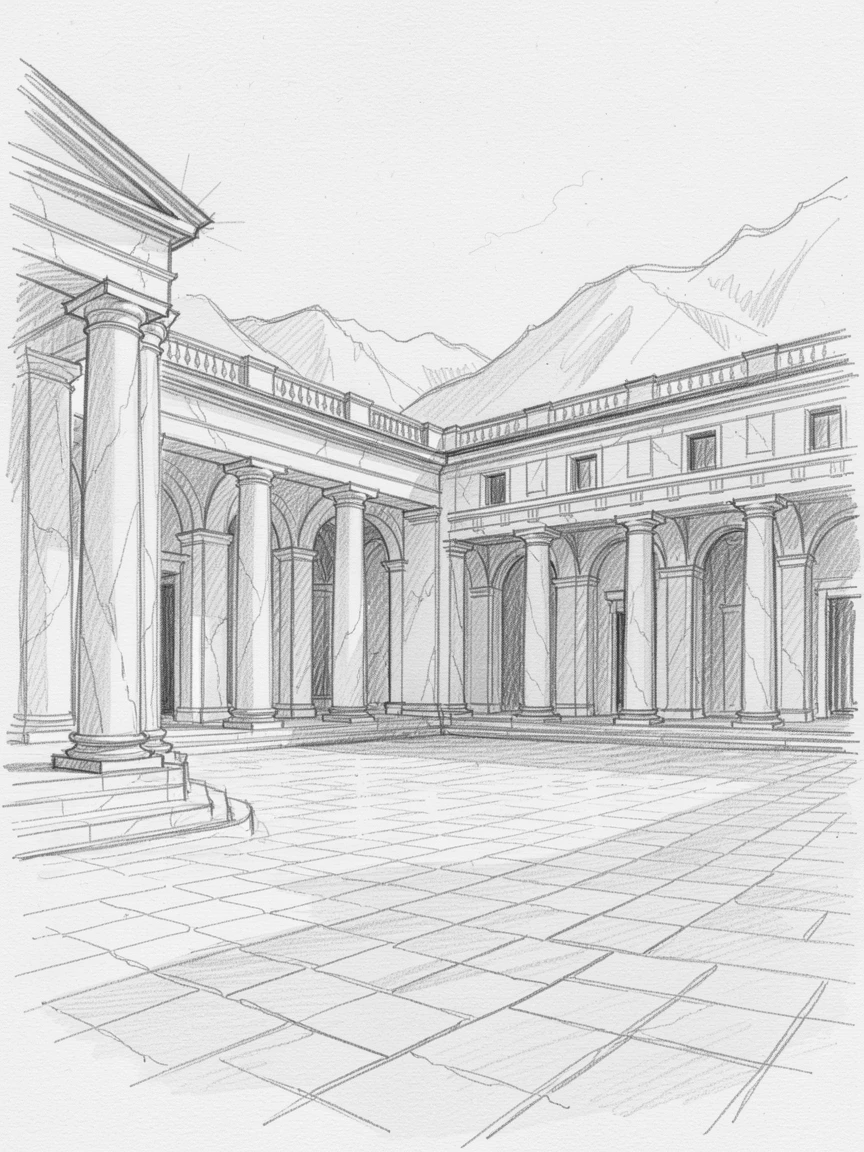 Sweeping architectural view of a grand marble palace courtyard, bathed in warm afternoon light, with distant mountains framing the skyline.