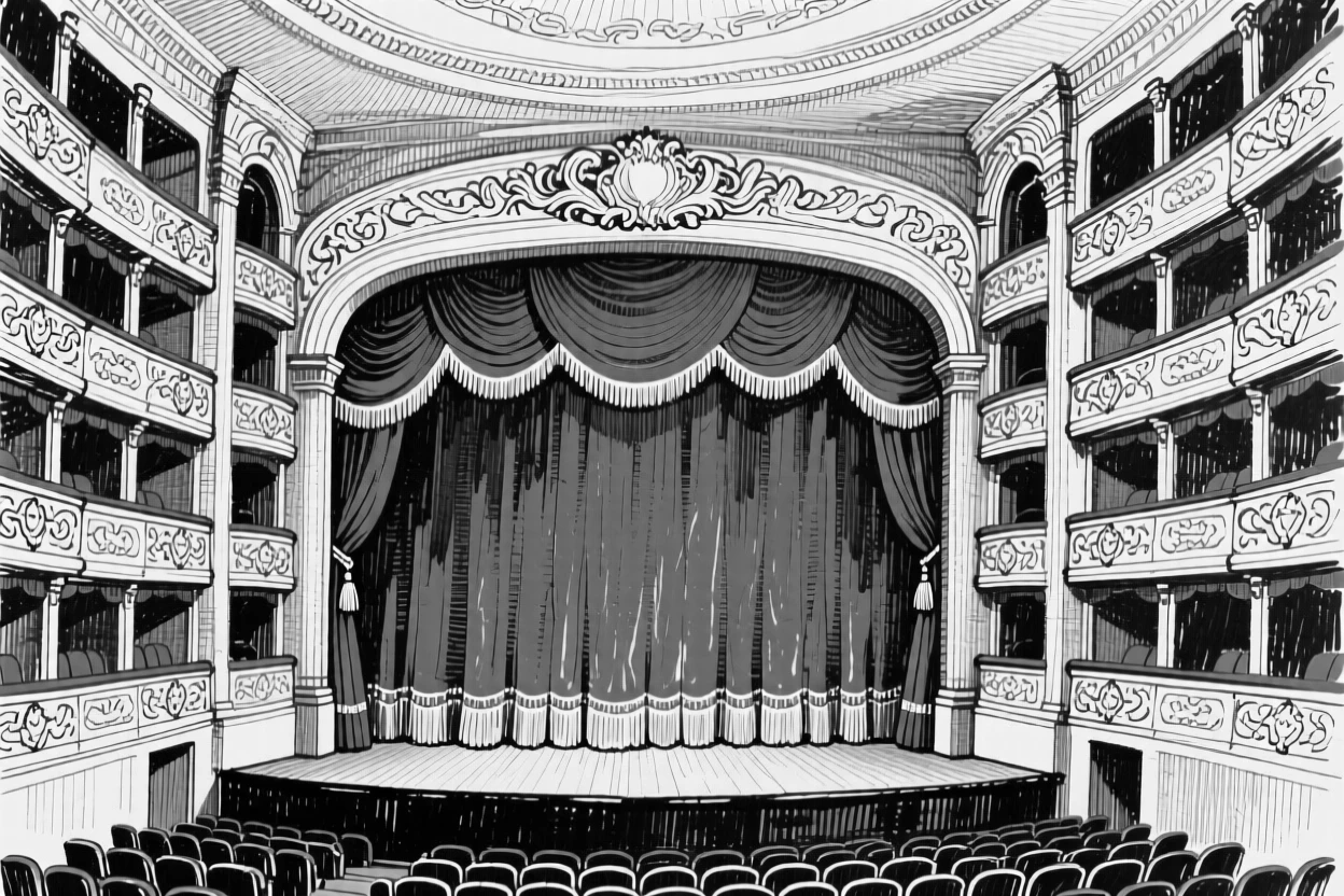 A grand opera house interior with tiered balconies and a red velvet curtain.