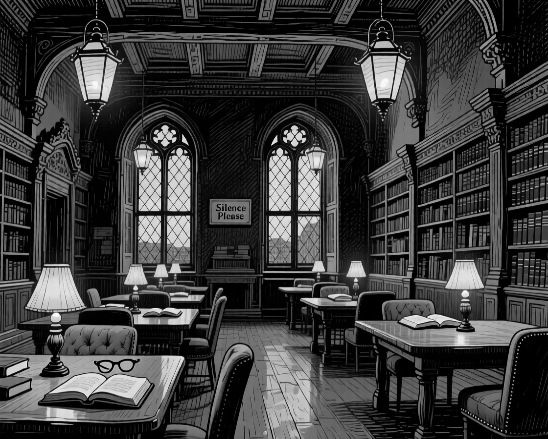 A grand old library reading room with lanterns beginning to glow at dusk, featuring arched windows catching the light, rendered in a cozy and inviting architectural composition.
