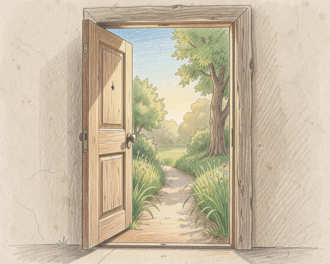 An open door revealing a sunlit garden beyond, framed to draw the eye toward quiet, open space, perfect for a calming, meditative atmosphere.