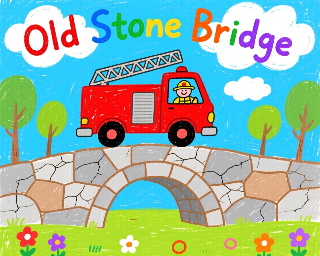A bright red fire truck crossing an old stone bridge.