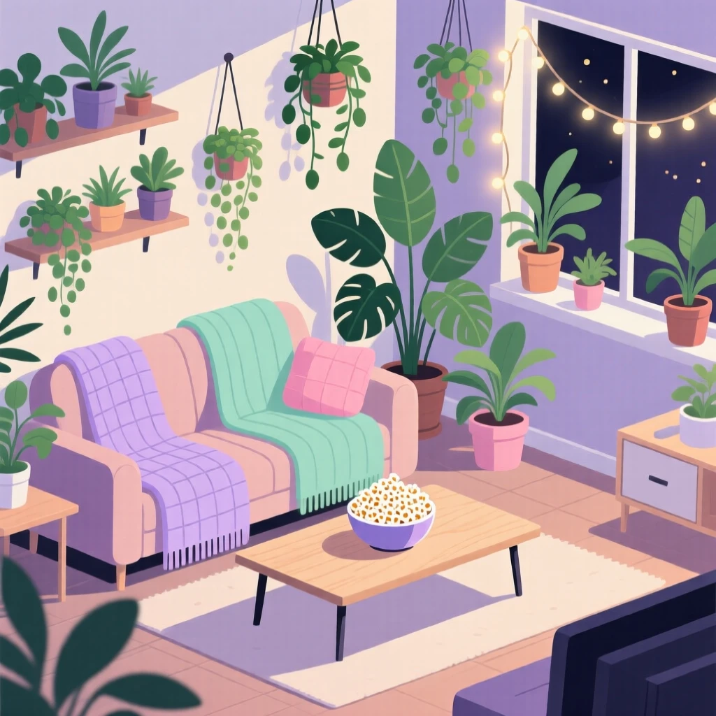 A cozy movie night setup with popcorn and soft blankets, set within a plant-filled room bursting with greenery, shown from a slightly elevated angle for a cozy overview, with gentle pastel tones evoking calm and comfort.