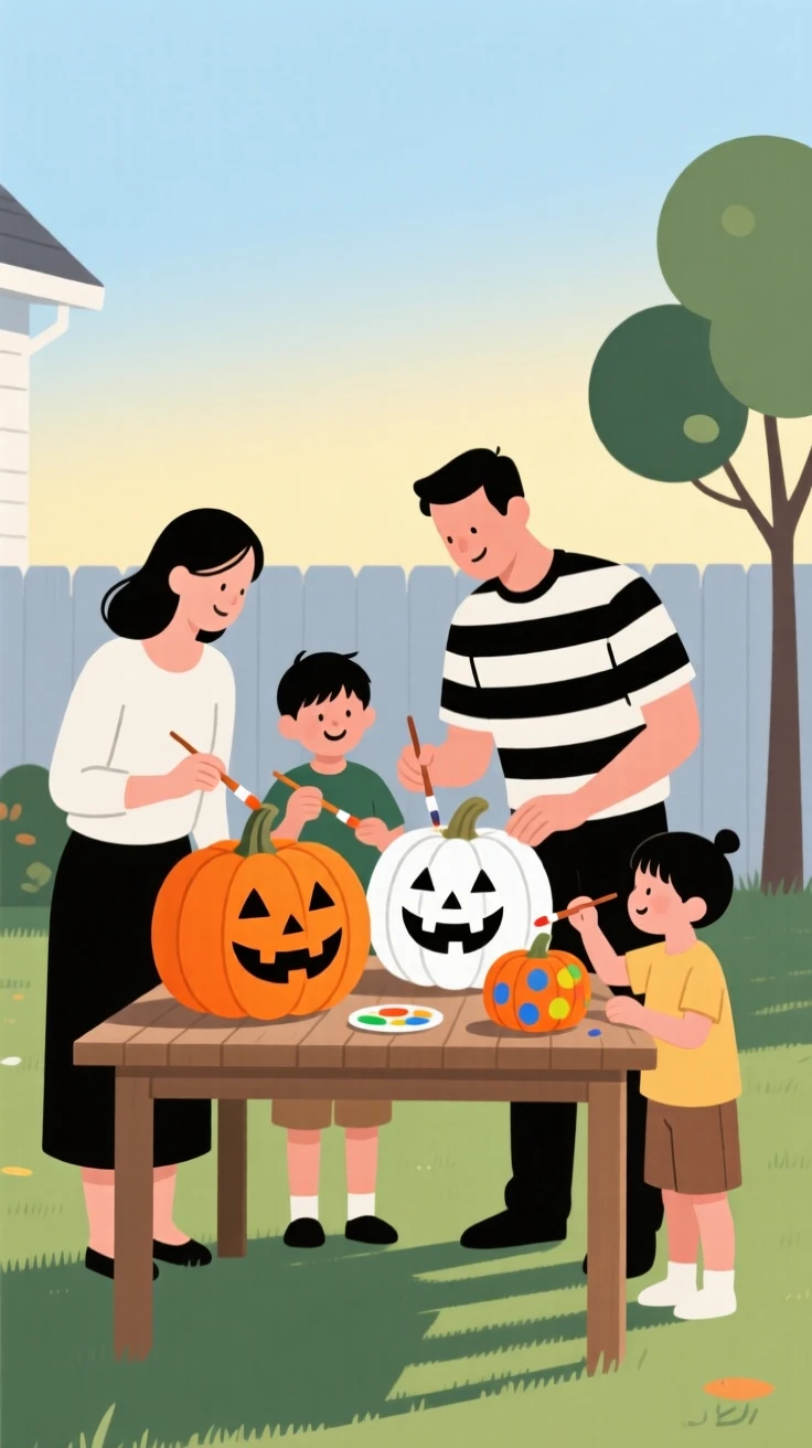 A family painting pumpkins together in their backyard.