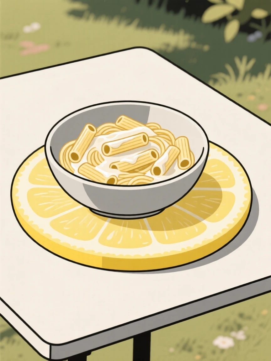 A freshly prepared bowl of creamy pasta served on a slice of lemon, set in a garden table at brunch, inviting cozy indulgence.