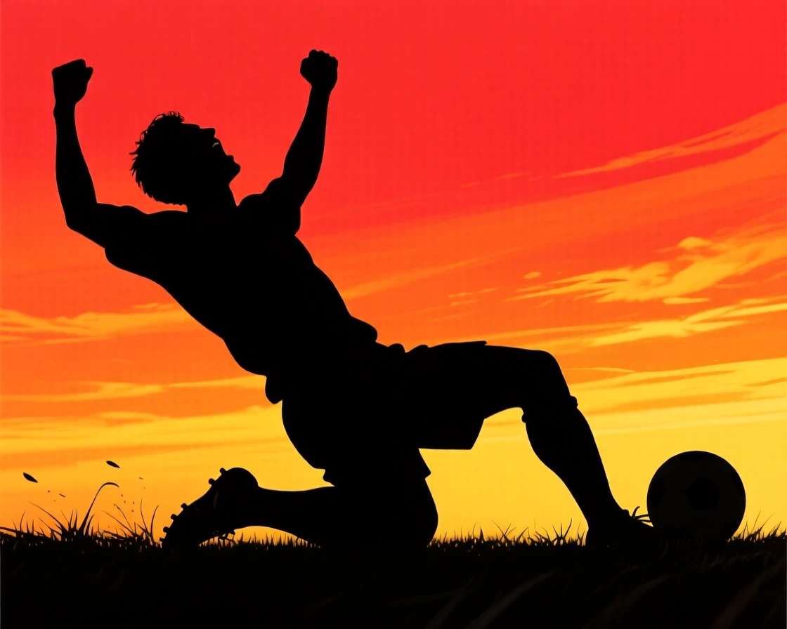 A soccer player sliding on his knees in celebration after scoring a goal.