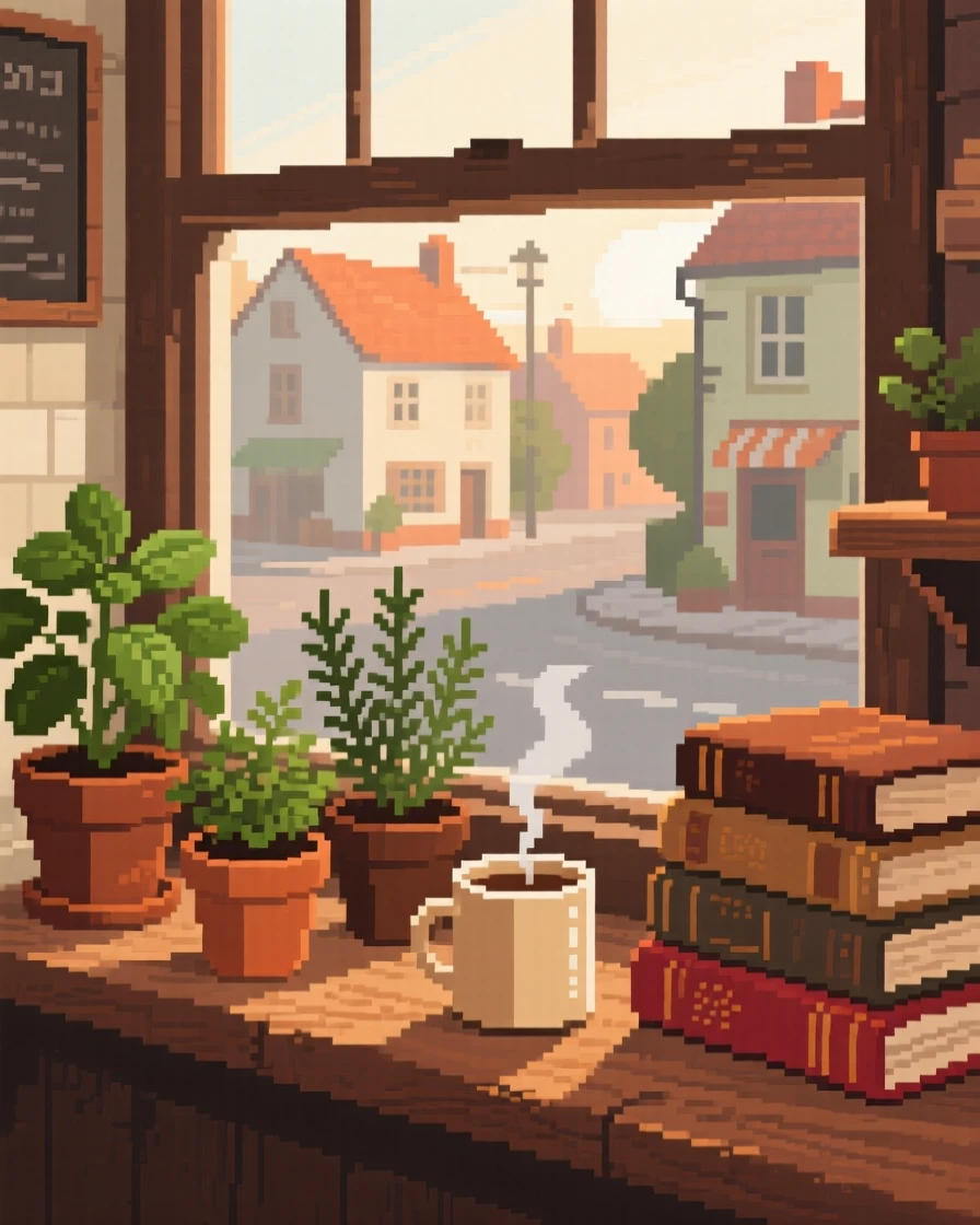 A windowsill herb garden stacked with well-worn books and a steaming mug, in a village bakery before opening hours.