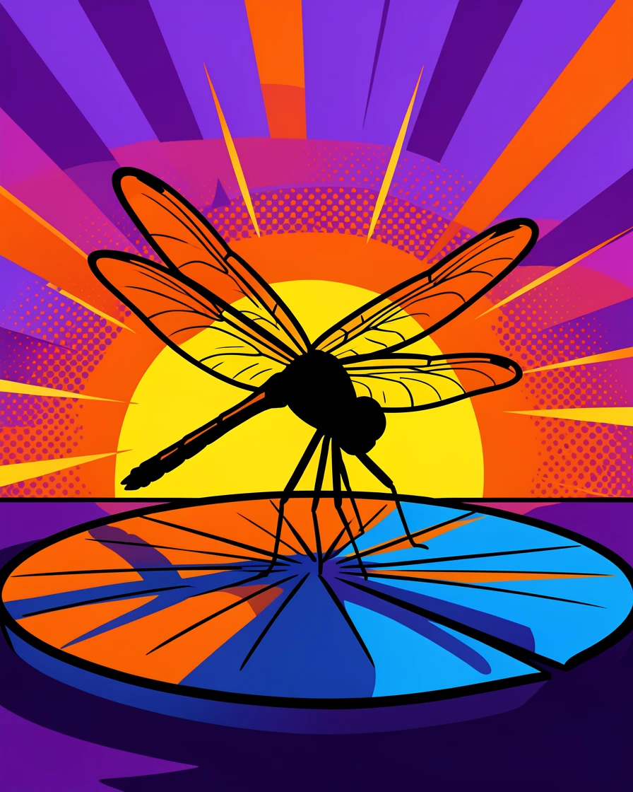 A dragonfly resting on a lily pad silhouetted against a lit sunset