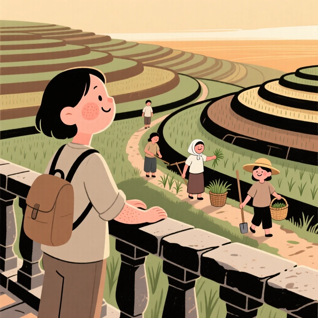 A traveler pauses on a stone terrace overlooking terraced rice fields, watching locals going about their morning routines as the soft evening light settles over the scene.