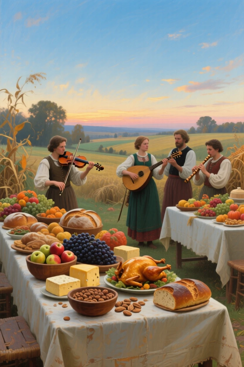 A medium shot of a harvest festival with tables laden with food and musicians playing, under a clear blue sky, at dusk.