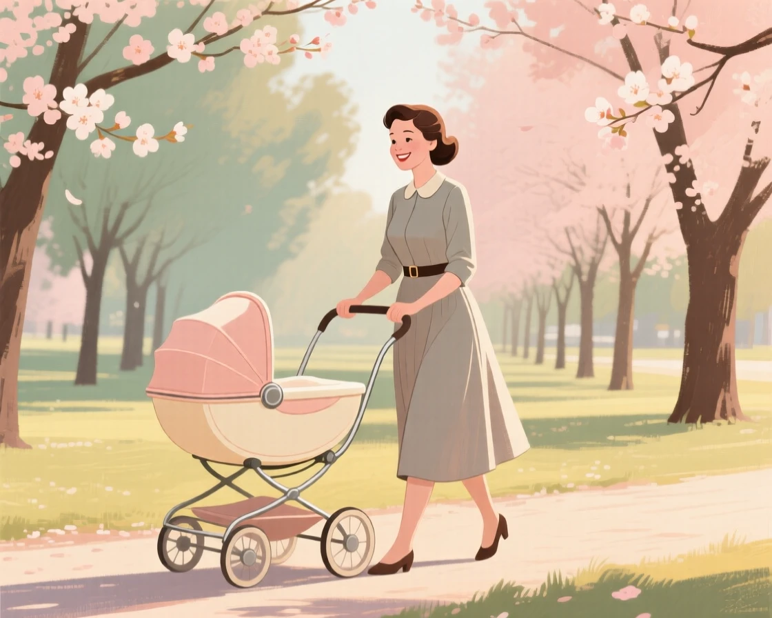 A mother pushing a pram through a park lined with blooming trees