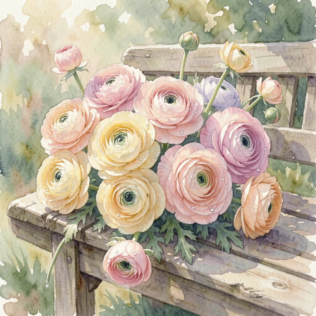 A bunch of ranunculus in pastel shades on a garden bench with morning dew on the petals.