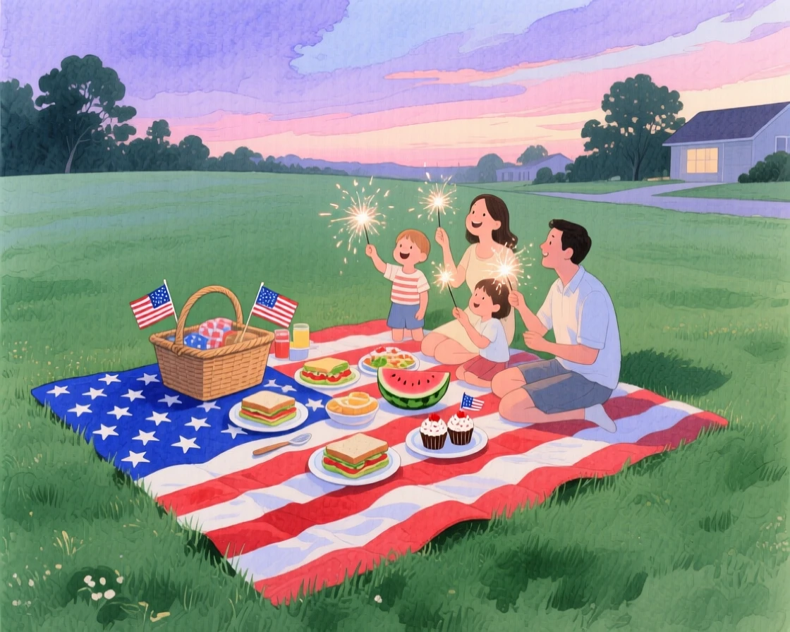 A Fourth of July picnic spreads across a lawn with a red white and blue quilt and sparklers at dusk