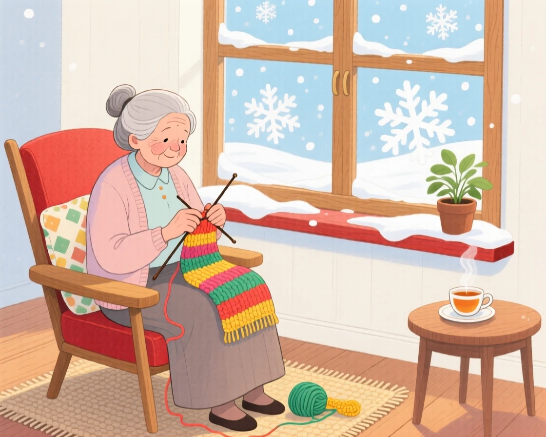 A grandmother knitting by a window as snow falls outside.