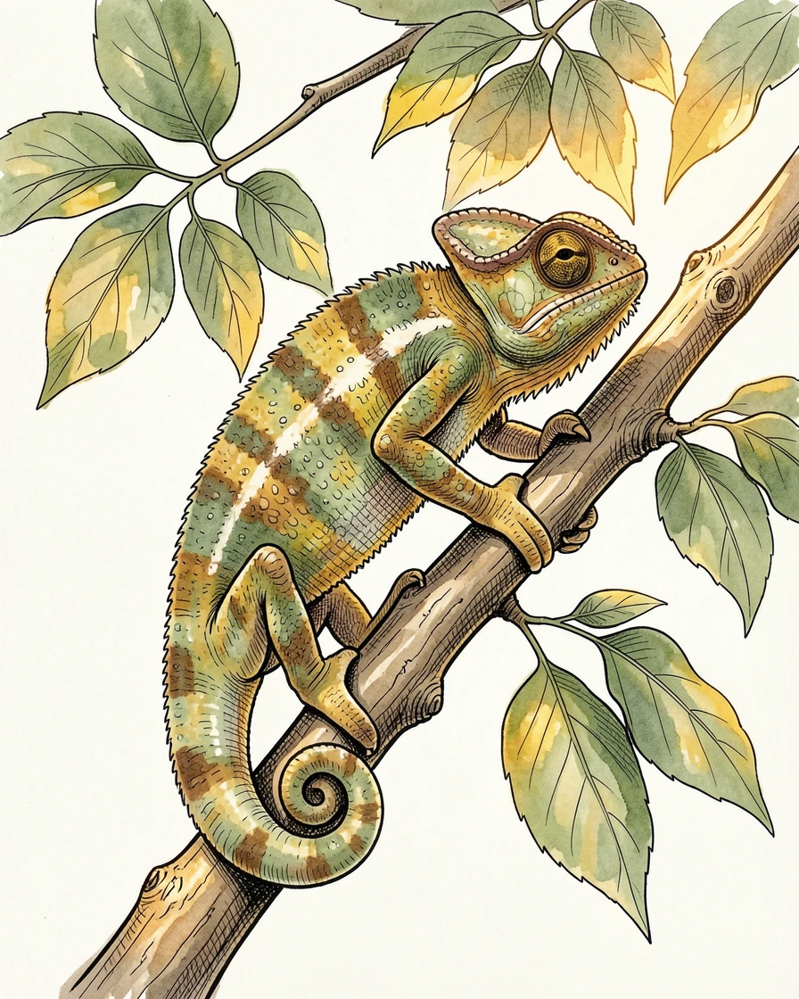 A chameleon perched on a branch, its skin shifting to match the leaves, warm light catching the texture of fur and feather alike.