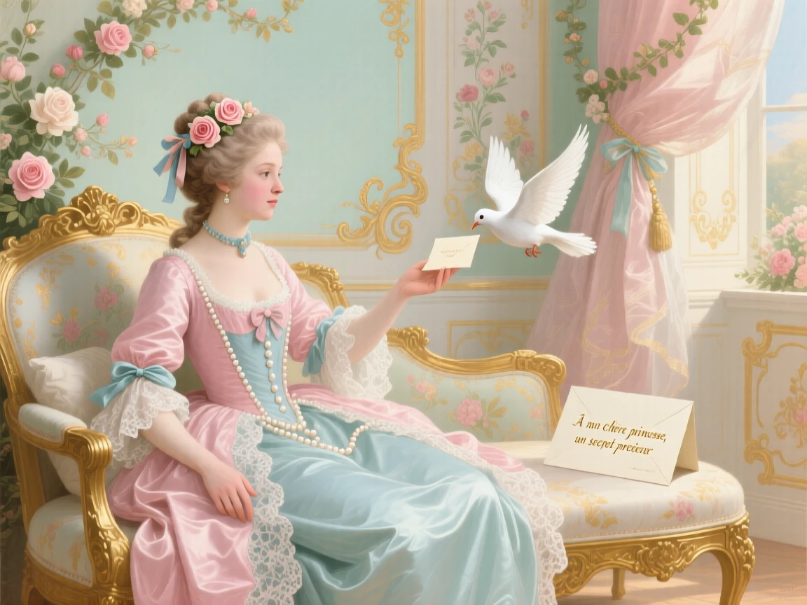 A princess receiving a secret note delivered by her pet dove  