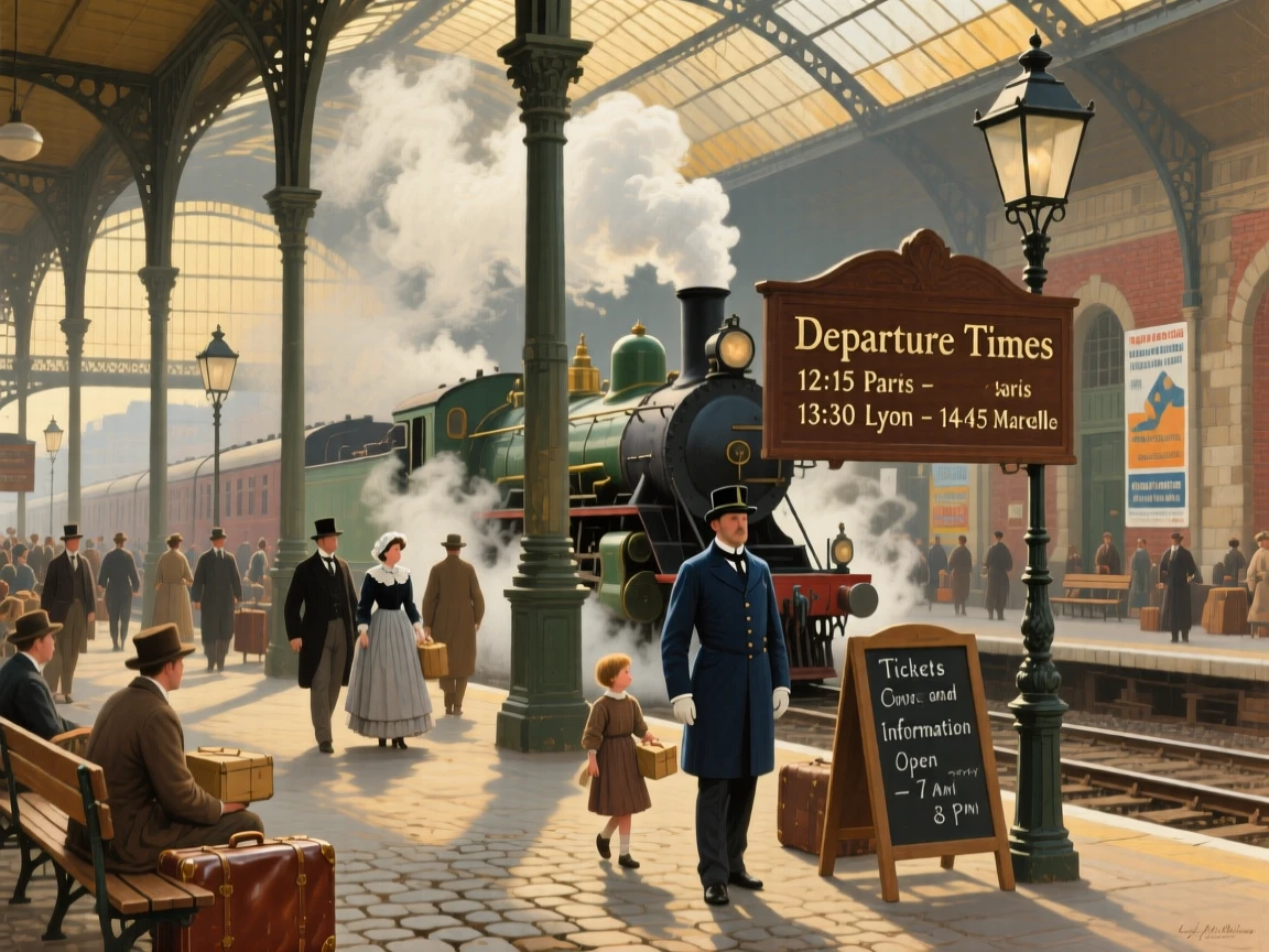 A 19th-century train station filled with travelers and billowing steam, as golden or dramatic lighting sets a timeless, cinematic mood, bringing a vivid, immersive moment of history to life