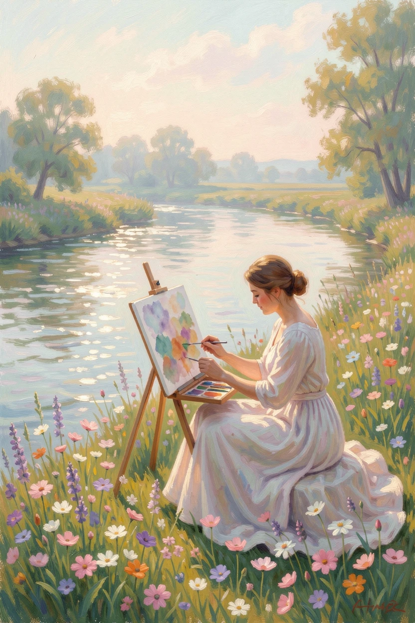 A woman painting watercolors beside a tranquil river, her easel set among wildflowers.