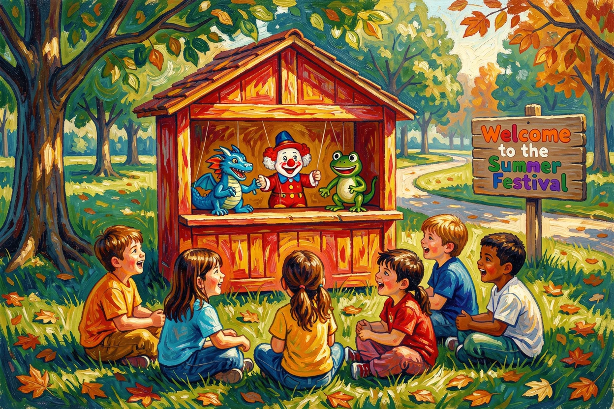 Children gathered around a puppet show in a park on a warm afternoon.