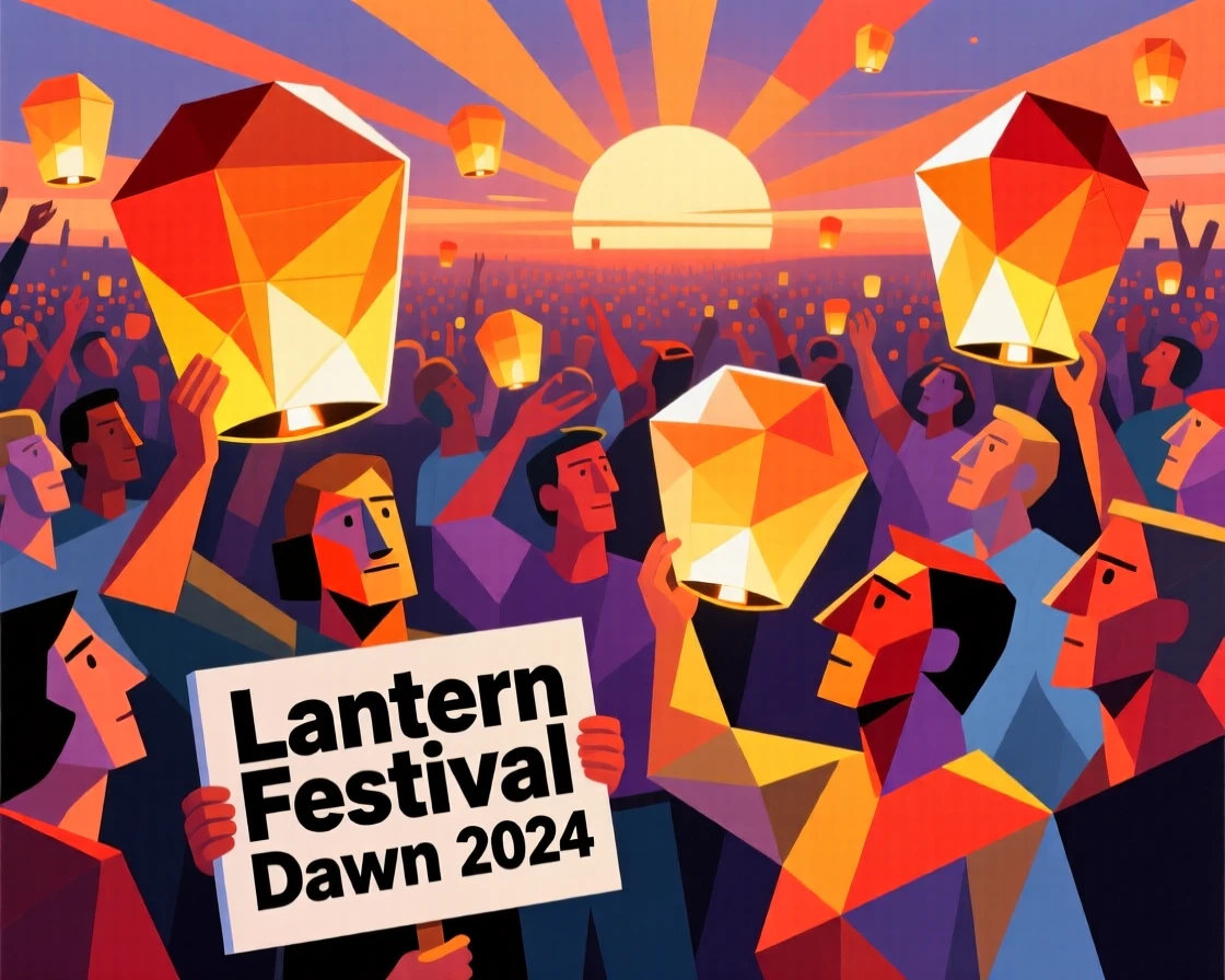 An energetic scene of a lantern festival crowd releasing glowing lanterns, captured as the sun rises over the horizon.