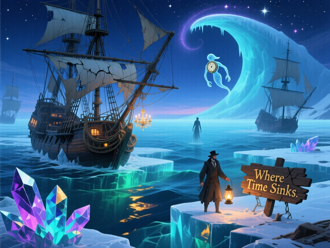 A frozen sea whose ice holds entire sunken ships suspended in place glows softly from within as night settles over it, as the horizon bends gently upward at its farthest edge.