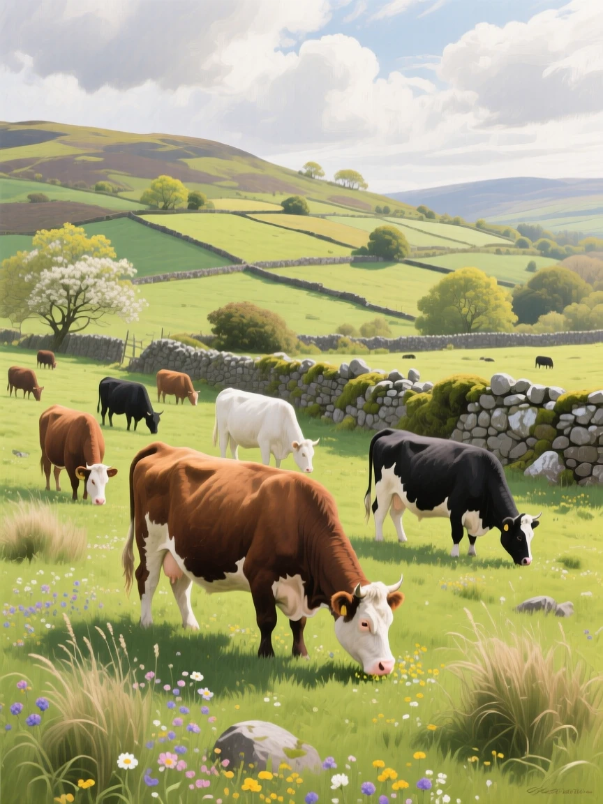A herd of cattle grazes peacefully in a green Irish meadow, stone walls crisscrossing the rolling hills beneath a sky filled with drifting clouds, nearby vegetation and terrain grounding the animal firmly within its natural environment.