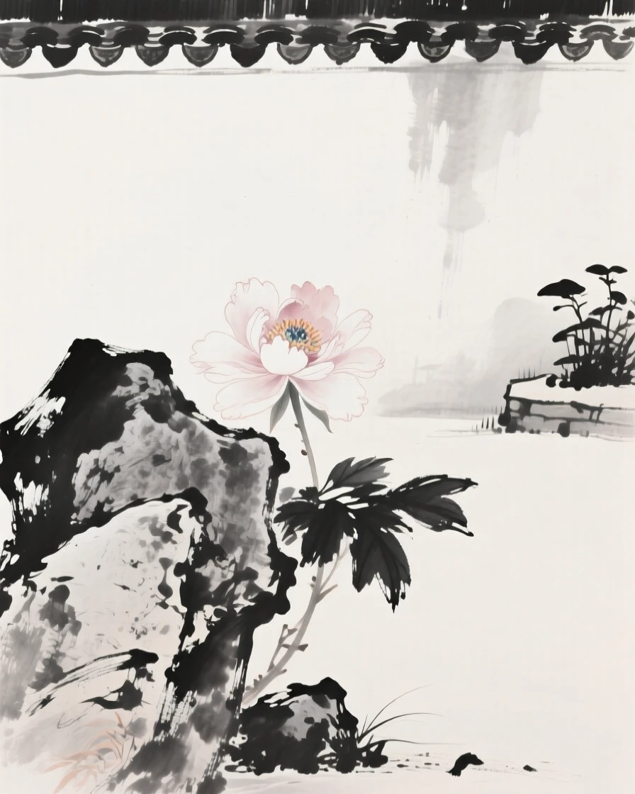A single peony bloom rests beside a weathered garden rock, with a garden wall visible in the soft background.