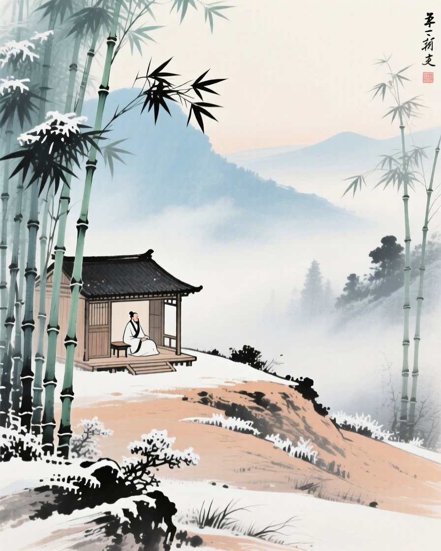 A scholar's studio nestled among bamboo on a quiet hillside, brimming with peaceful contentment, as winter frost settles, as morning mist begins to lift.